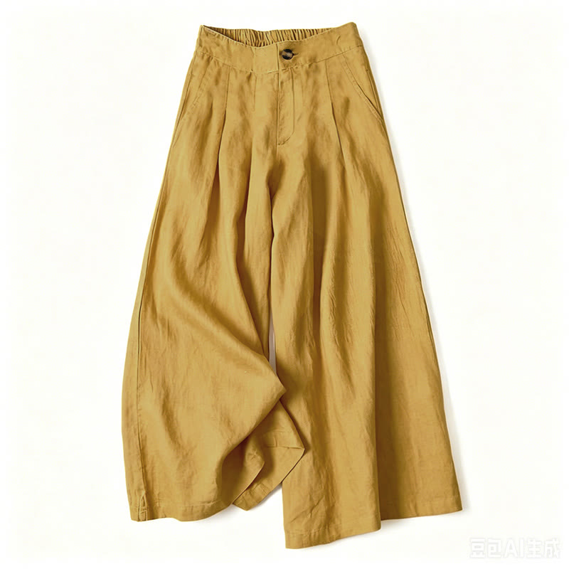 Buddha Stones Summer Elegant Solid Elastic Waist Button Zipper Design Cotton Linen Long Pants Women's Wide Leg Pants With Pockets - Yellow - US16，UK/AU20，EU48 (3XL) - image 9