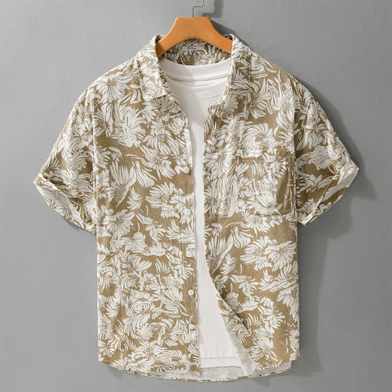 Buddha Stones Summer Casual Button-Up Sunflower Floral Men's Short Sleeve Shirts With Patch Pocket - DarkKhaki - US/UK/AU44，EU54 (3XL) - image 6