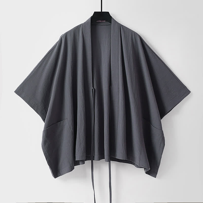 Buddha Stones Summer Minimalist Drawstring Lace-up Solid Short Sleeve Men's Kimono With Pockets - image 1