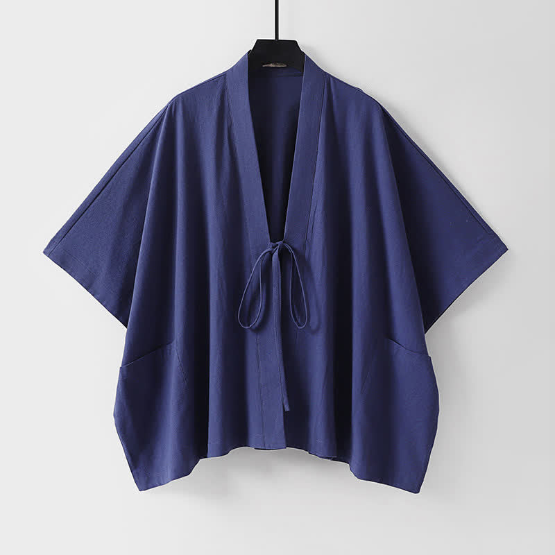 Buddha Stones Summer Minimalist Drawstring Lace-up Solid Short Sleeve Men's Kimono With Pockets - DarkSlateBlue - US/UK/AU40, EU50 (L) - image 4