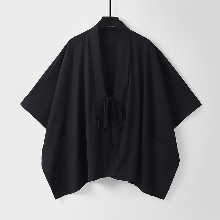 Buddha Stones Summer Minimalist Drawstring Lace-up Solid Short Sleeve Men's Kimono With Pockets - Black - US/UK/AU40, EU50 (L) - image 2