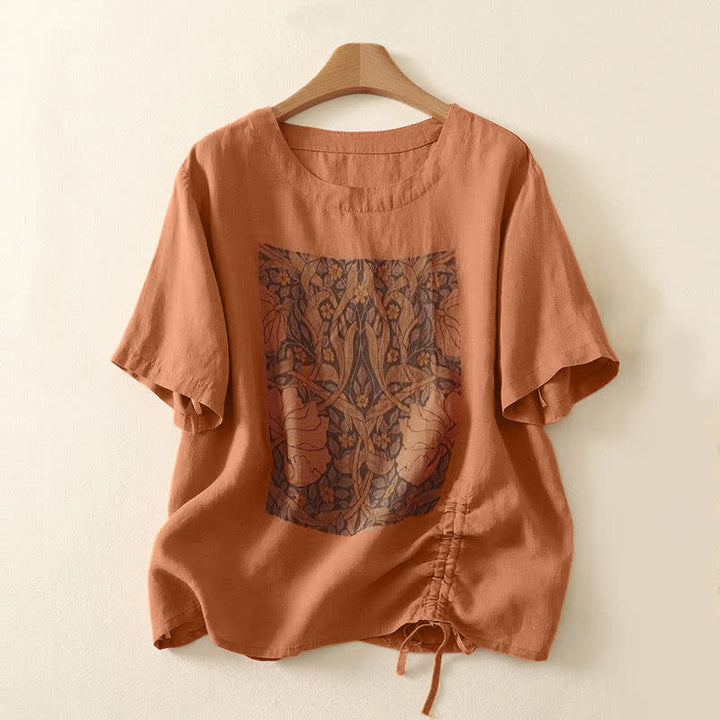Buddha Stones Summer Casual Vintage Drawstring Abstract Flowers Print Women's Short Sleeve T-Shirts - Coral - US8-10, UK/AU12-14, EU40-42 (2XL) - image 9