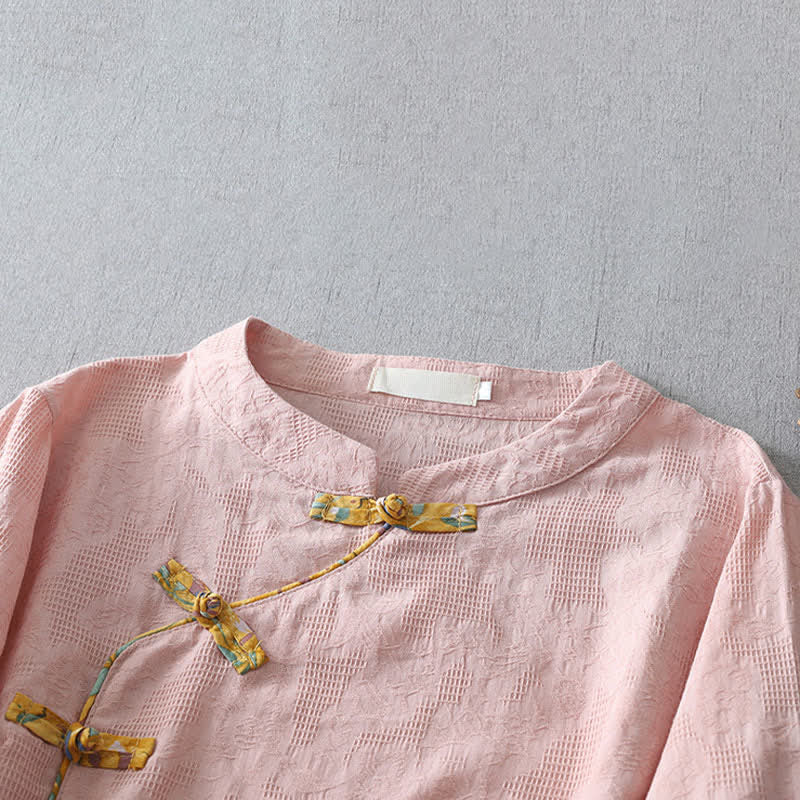 Buddha Stones Summer Tang Style Casual Frog Button Solid Women's Elbow-Length Sleeve Shirts - image 1