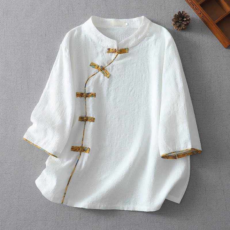 Buddha Stones Summer Tang Style Casual Frog Button Solid Women's Elbow-Length Sleeve Shirts - White - US8-10, UK/AU12-14, EU40-42 (2XL) - image 8