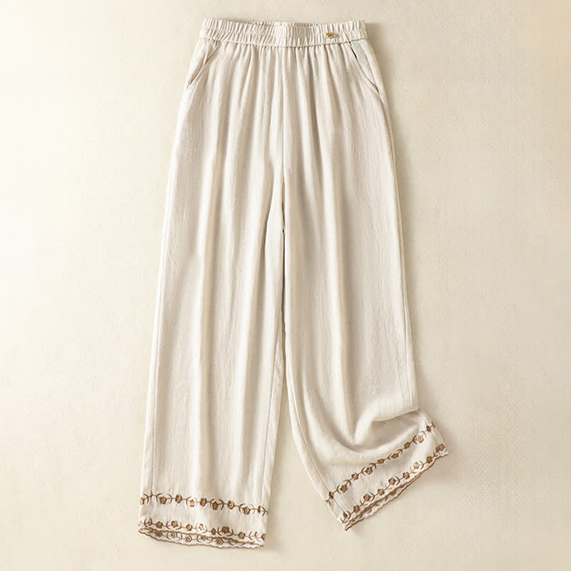 Buddha Stones Summer Casual Vintage Embroidery Floral Cropped Pants Women's Straight Leg Pants With Pocket - Linen - US8-10, UK/AU12-14, EU40-42 (2XL) - image 7
