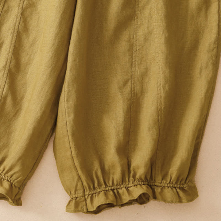 Buddha Stones Summer Casual Drawstring Solid Ruffle Hem Cropped Pants Women's Harem Pants With Pocket - image 9
