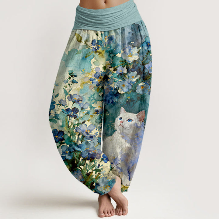 Buddha Stones Pure Cotton Floral White Cat Pattern Women's Elastic Waist Harem Pants - Teal - US16，UK/AU20，EU48 (3XL) - image 5