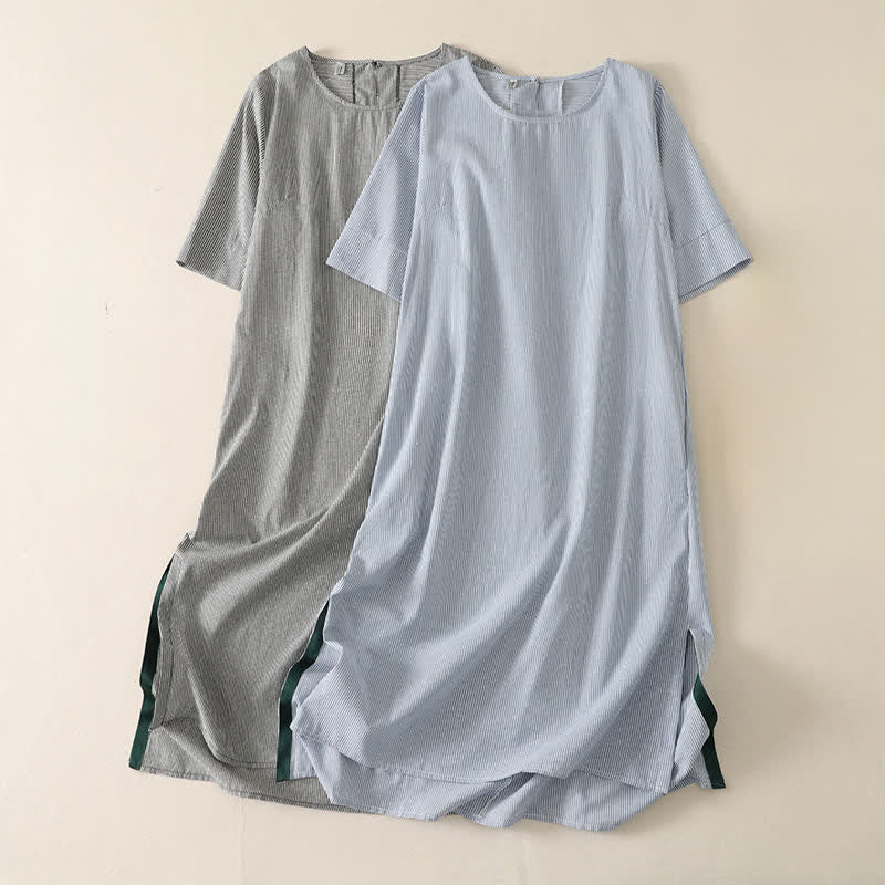 Buddha Stones Summer Casual Simple Side Slit Striped Women's Short Sleeve Dresses With Pocket - image 14