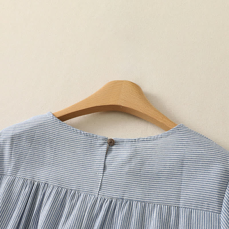 Buddha Stones Summer Casual Simple Side Slit Striped Women's Short Sleeve Dresses With Pocket - image 3