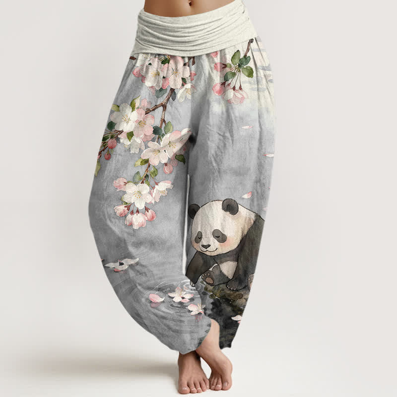 Buddha Stones Pure Cotton Cherry Blossom Panda Pattern Women's Elastic Waist Harem Pants - LightGray - US16，UK/AU20，EU48 (3XL) - image 5