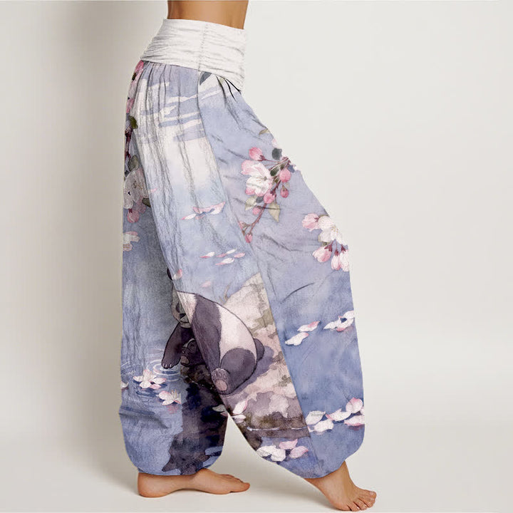 Buddha Stones Pure Cotton Cherry Blossom Panda Pattern Women's Elastic Waist Harem Pants - image 10