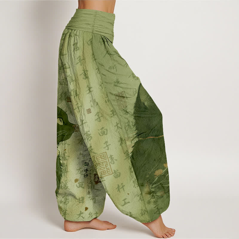 Buddha Stones Pure Cotton Black Cat Calligraphy Pattern Women's Elastic Waist Harem Pants - image 10