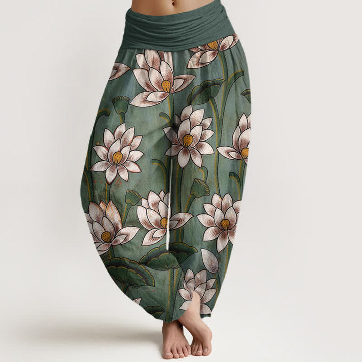 Buddha Stones Pure Cotton Lotus Bloom Pattern Women's Elastic Waist Harem Pants - LightSeaGreen - US16，UK/AU20，EU48 (3XL) - image 0