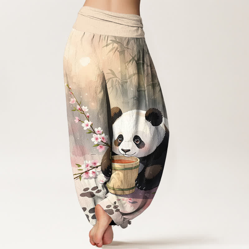 Buddha Stones Pure Cotton Panda Bamboo Blossom Pattern Women's Elastic Waist Harem Pants - image 1