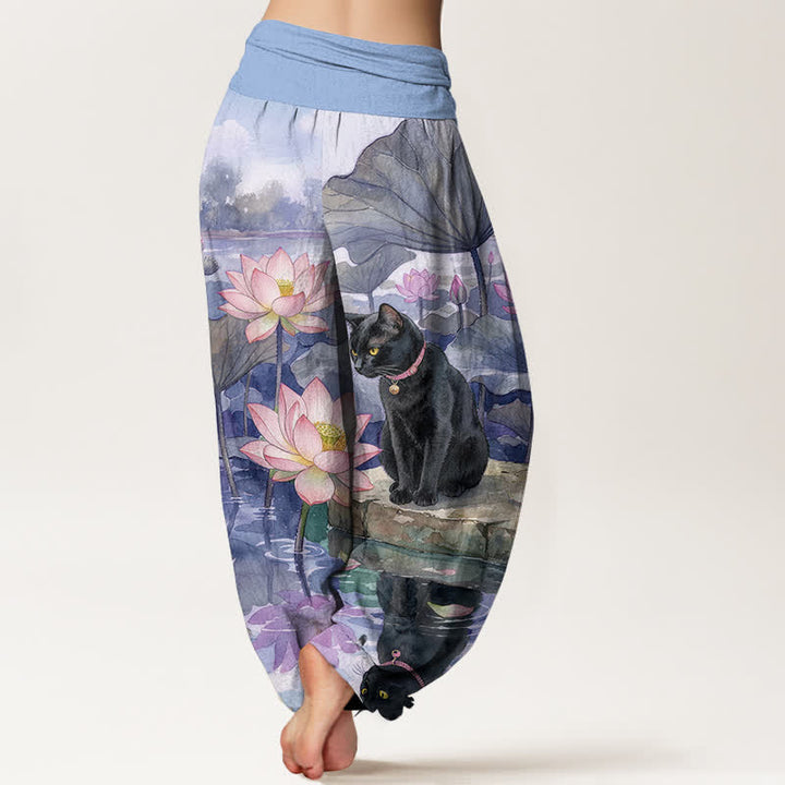 Buddha Stones Pure Cotton Lotus Black Cat Pattern Women's Elastic Waist Harem Pants - image 9