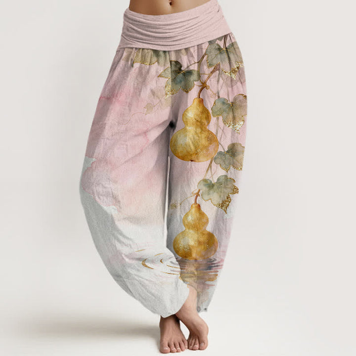 Buddha Stones Cotton Golden Gourd Leaf Pattern Women's Elastic Waist Harem Pants - Pink - US16，UK/AU20，EU48 (3XL) - image 0