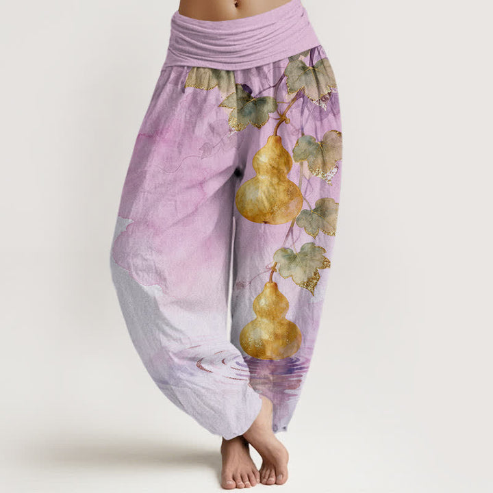 Buddha Stones Cotton Golden Gourd Leaf Pattern Women's Elastic Waist Harem Pants - Plum - US16，UK/AU20，EU48 (3XL) - image 8