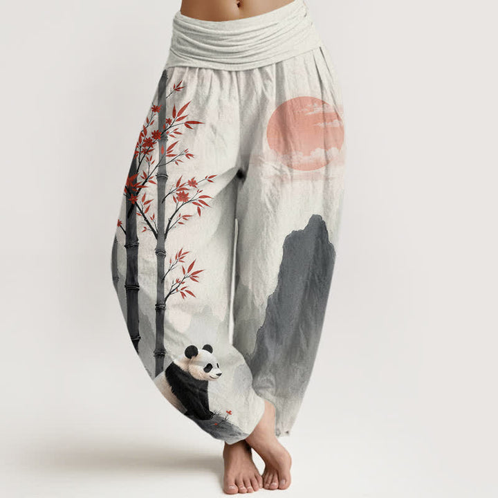 Buddha Stones Cotton Ink Bamboo Panda Pattern Women's Elastic Waist Harem Pants - Beige - US16，UK/AU20，EU48 (3XL) - image 0