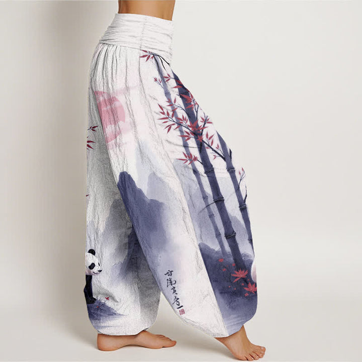 Buddha Stones Cotton Ink Bamboo Panda Pattern Women's Elastic Waist Harem Pants - image 10