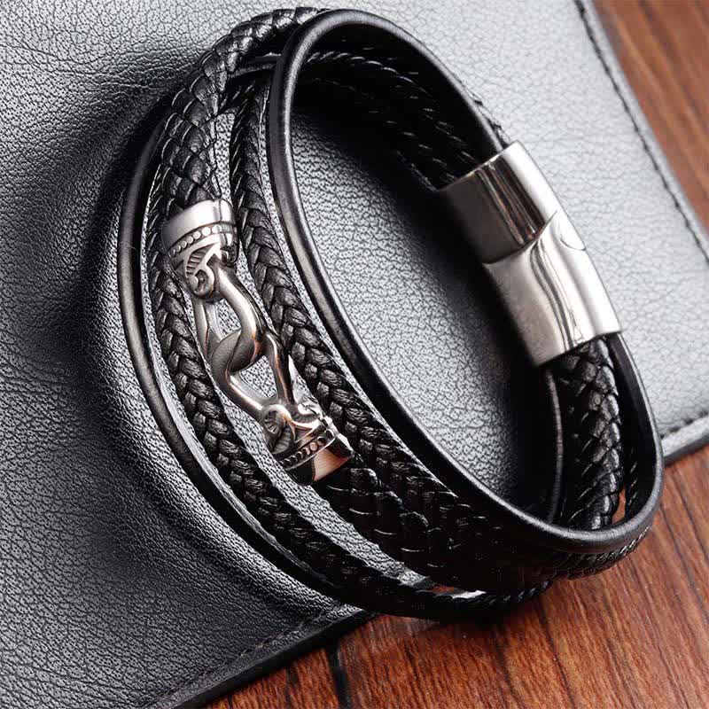 Buddha Stones Black Leather Braided Titanium Steel Durability Double Wrap Bracelet - image 3