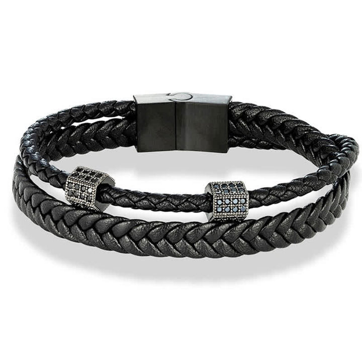 Buddha Stones Black Leather Hand-Woven Braided Titanium Steel Strength Multi-Wrap Bracelet - image 3