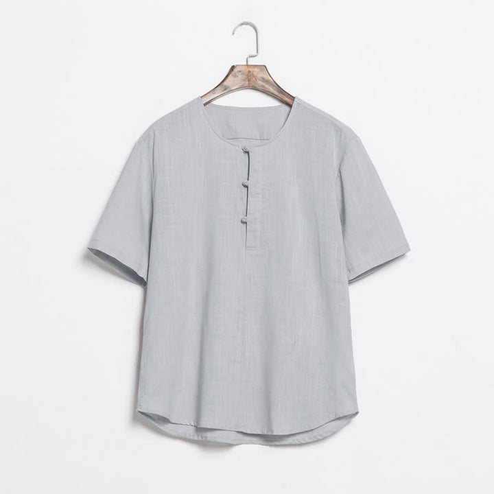 Buddha Stones Summer Casual Tang Style Frog Button Solid Men's Short Sleeve Shirts - LightGray - US/UK/AU46，EU56 (5XL) - image 11