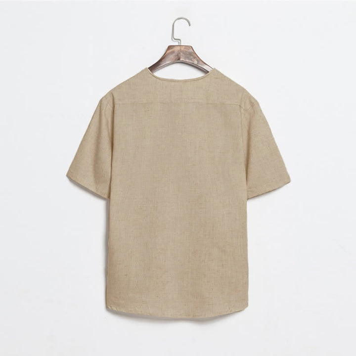 Buddha Stones Summer Casual Tang Style Frog Button Solid Men's Short Sleeve Shirts - image 1