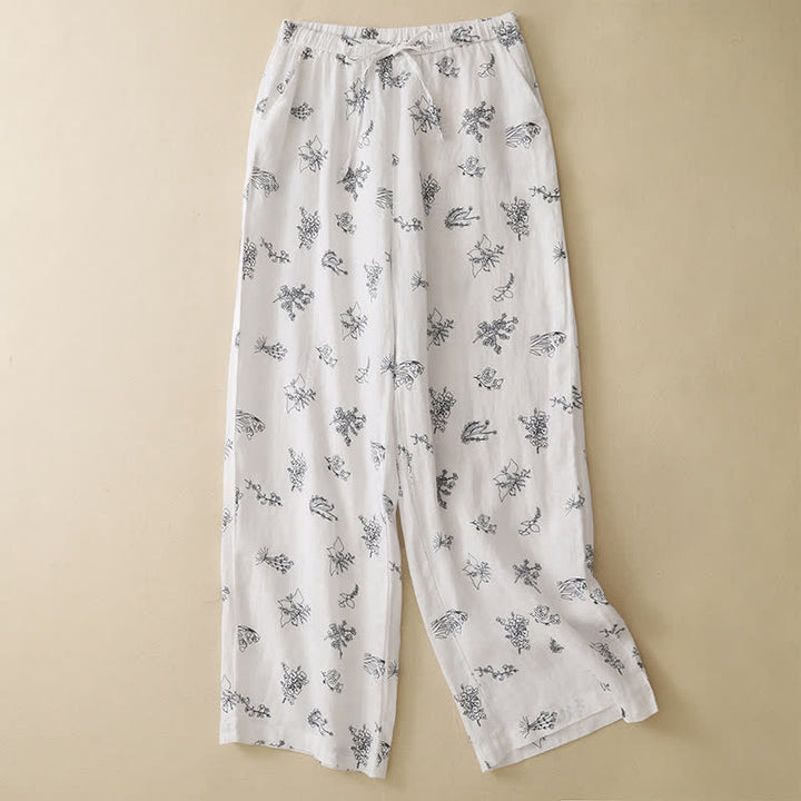 Buddha Stones Summer Casual Vintage Drawstring Floral Ankle Pants Women's Wide Leg Pants With Pocket - White - US8-10, UK/AU12-14, EU40-42 (2XL) - image 14