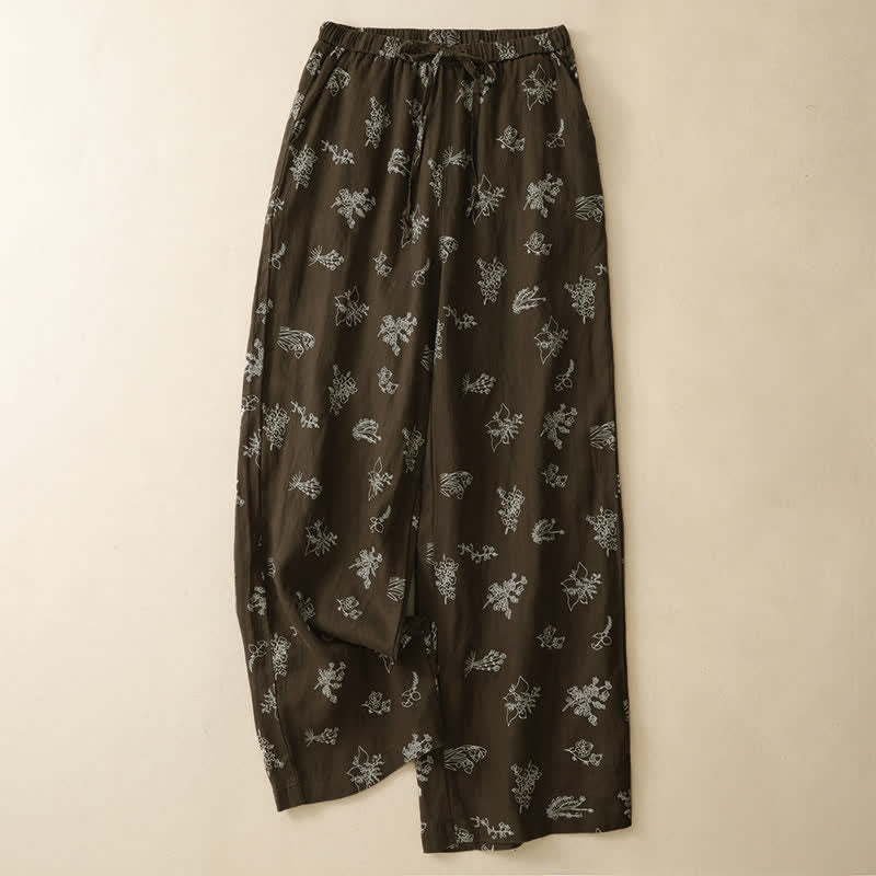 Buddha Stones Summer Casual Vintage Drawstring Floral Ankle Pants Women's Wide Leg Pants With Pocket - image 1