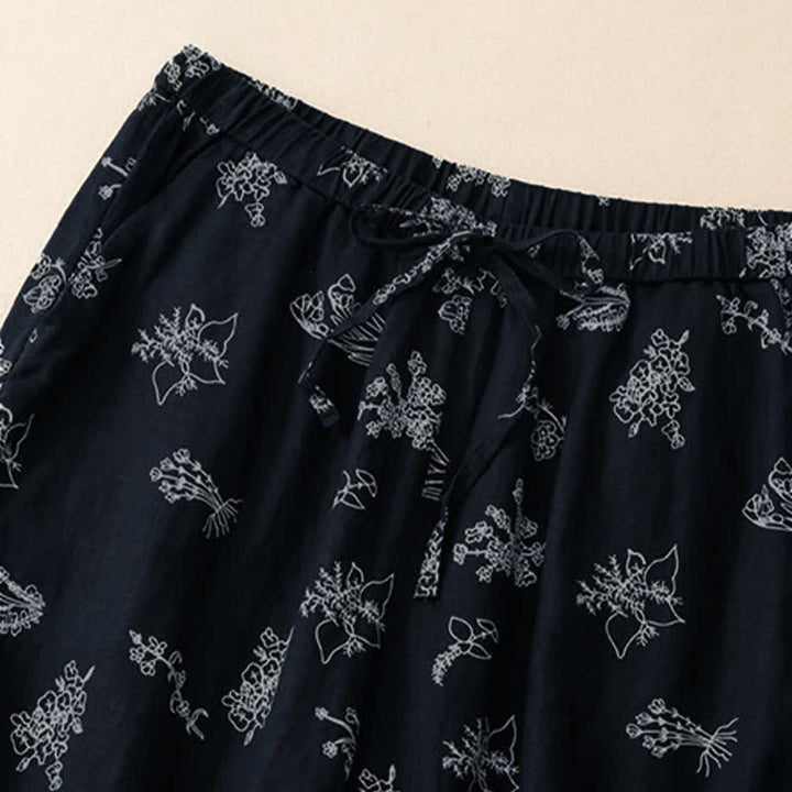 Buddha Stones Summer Casual Vintage Drawstring Floral Ankle Pants Women's Wide Leg Pants With Pocket - image 10
