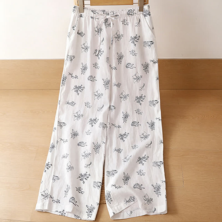 Buddha Stones Summer Casual Vintage Drawstring Floral Ankle Pants Women's Wide Leg Pants With Pocket - image 15