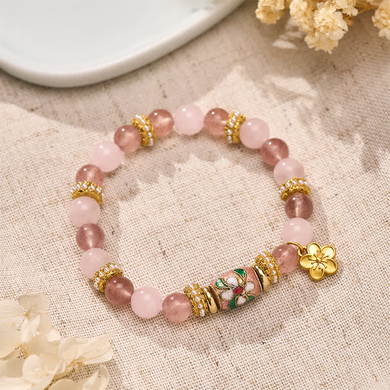 Buddha Stones Natural Strawberry Quartz Rose Quartz Enamel Flowers Pendant Love Round Polished Bead Bracelet - Strawberry Quartz Rose Quartz (Wrist Circumference: 15–16 cm) - image 0