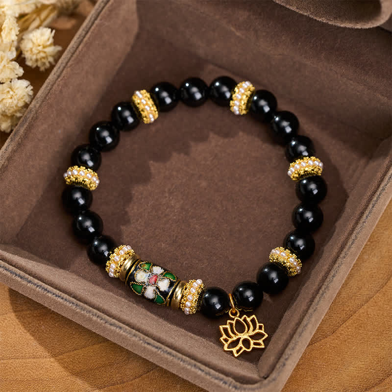 Buddha Stones Black Obsidian Cloisonné Enamel Flowers Lotus Pendant Protection Round Bead Bracelet - image 1