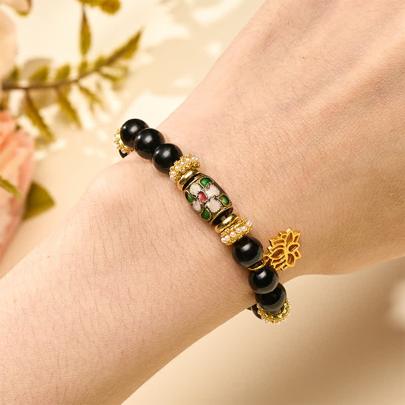 Buddha Stones Black Obsidian Cloisonné Enamel Flowers Lotus Pendant Protection Round Bead Bracelet - image 4