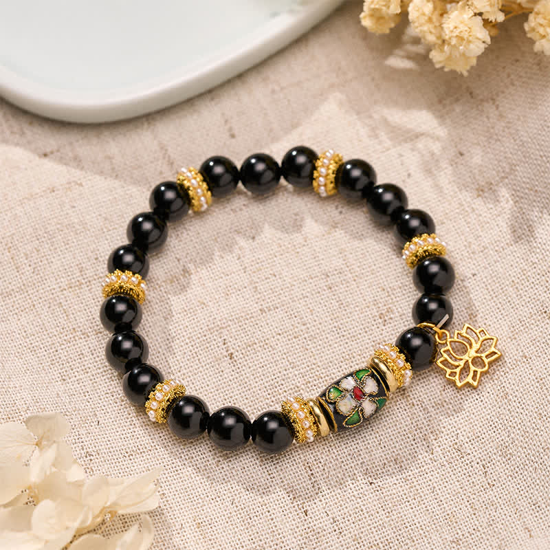 Buddha Stones Black Obsidian Cloisonné Enamel Flowers Lotus Pendant Protection Round Bead Bracelet - Black Obsidian(Wrist Circumference: 15–16 cm) - image 0