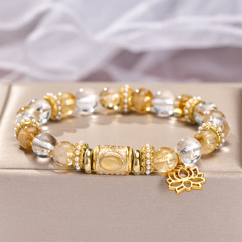 Buddha Stones Citrine Clear Quartz Enamel Barrel Bead Lotus Round Bead Bracelet - image 2