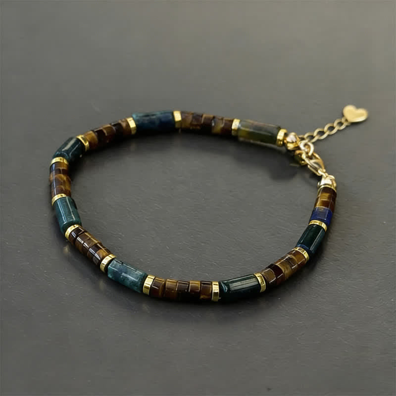 Buddha Stones Lapis Lazuli Indian Agate Tiger Eye Cylindrical Bead Wisdom Bracelet - With Extender Chain(Wrist Circumference: 20-22 cm) - image 1