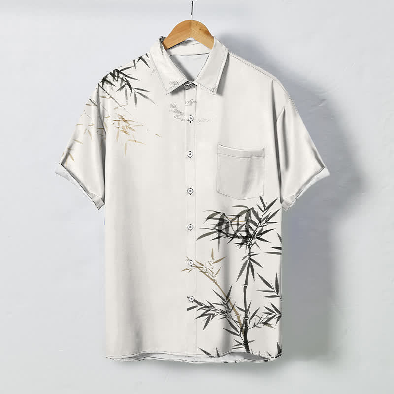 Buddha Stones Ink Bamboo Leaf Pattern Buttons Wrinkle-resistant Men's Short Sleeve Shirt - Ivory - US/UK/AU48，EU58 (4XL) - image 0