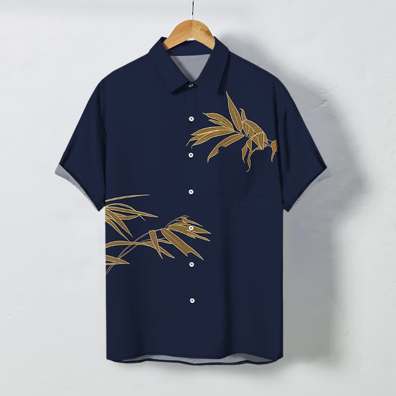 Buddha Stones Golden Bamboo Leaf Pattern Buttons Breathable Men's Short Sleeve Shirt - MidnightBlue - US/UK/AU48，EU58 (4XL) - image 7