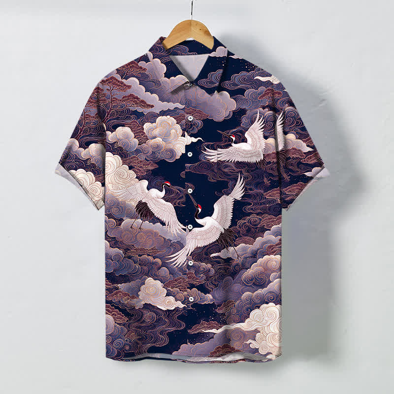 Buddha Stones Oriental Crane Cloud Wave Pattern Buttons Breathable Men's Short Sleeve Shirt - DarkSlateBlue - US/UK/AU48，EU58 (4XL) - image 5