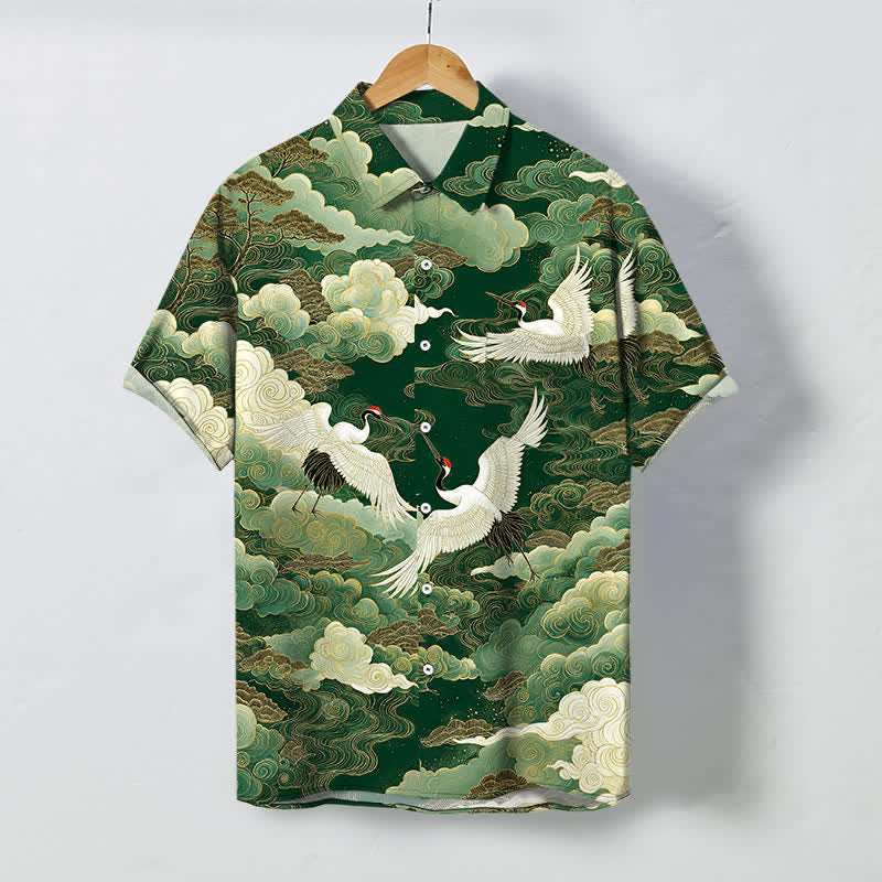 Buddha Stones Oriental Crane Cloud Wave Pattern Buttons Breathable Men's Short Sleeve Shirt - ForestGreen - US/UK/AU48，EU58 (4XL) - image 7