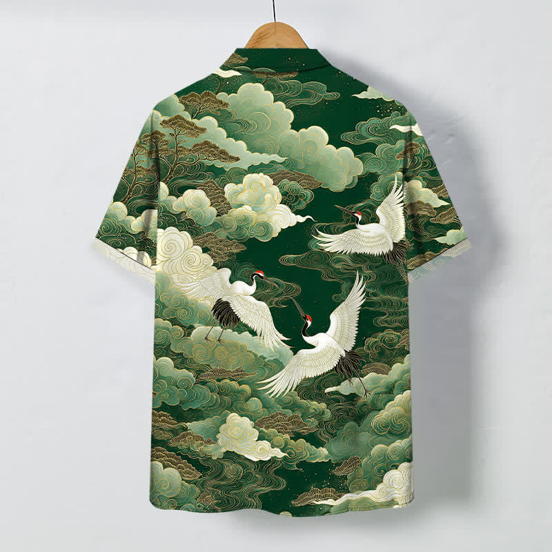 Buddha Stones Oriental Crane Cloud Wave Pattern Buttons Breathable Men's Short Sleeve Shirt - image 8