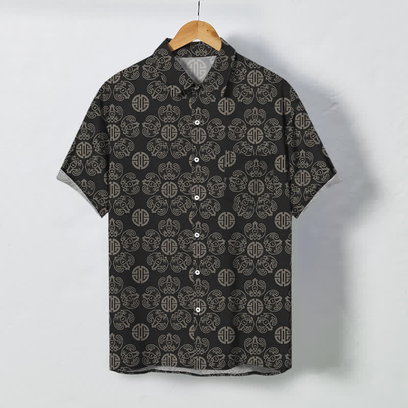Buddha Stones Vintage Medallion Geometric Pattern Buttons Breathable Men's Short Sleeve Shirt - 	Black - US/UK/AU48，EU58 (4XL) - image 0