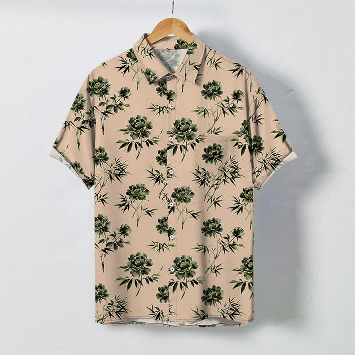 Buddha Stones Tropical Floral Leaf Pattern Buttons Breathable Men's Short Sleeve Shirt - PeachPuff - US/UK/AU48，EU58 (4XL) - image 10