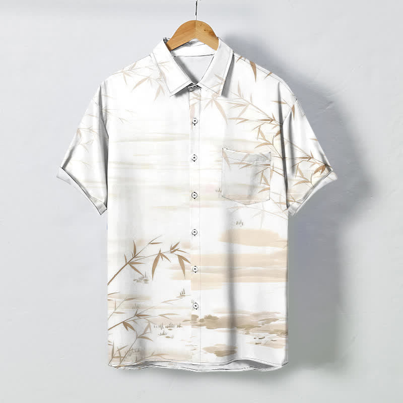 Buddha Stones Bamboo Leaf Ink Landscape Pattern Buttons Wrinkle-resistant Men's Short Sleeve Shirt - Wheat - US/UK/AU48，EU58 (4XL) - image 0