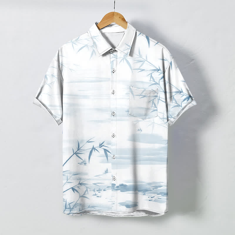 Buddha Stones Bamboo Leaf Ink Landscape Pattern Buttons Wrinkle-resistant Men's Short Sleeve Shirt - LightCyan - US/UK/AU48，EU58 (4XL) - image 5