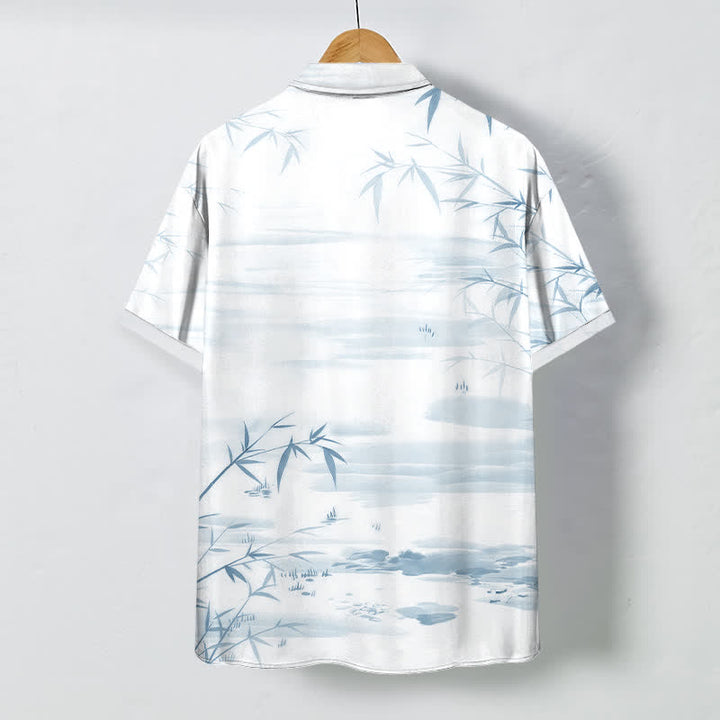 Buddha Stones Bamboo Leaf Ink Landscape Pattern Buttons Wrinkle-resistant Men's Short Sleeve Shirt - image 6