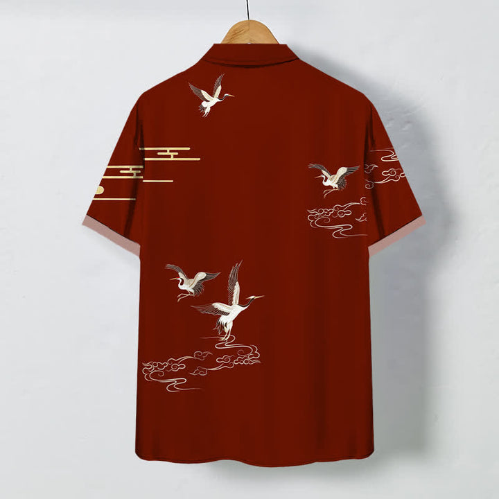 Buddha Stones Crane Cloud Pattern Buttons Wrinkle-resistant Men's Short Sleeve Shirt - image 1