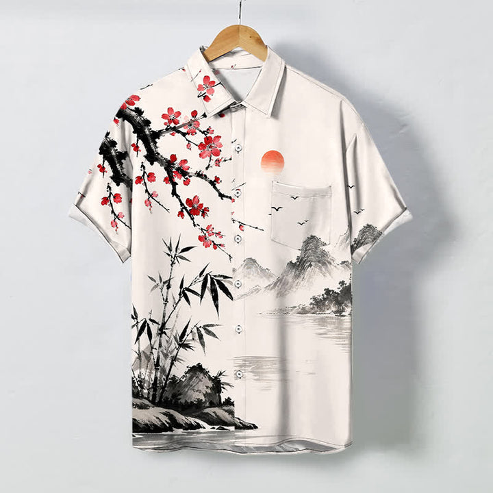 Buddha Stones Ink Landscape Bamboo Blossom Sunset Pattern Buttons Breathable Men's Short Sleeve Shirt - Ivory - US/UK/AU48，EU58 (4XL) - image 0