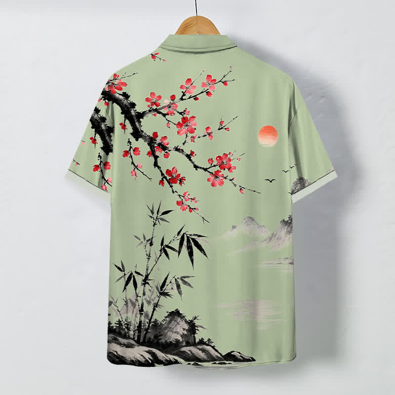 Buddha Stones Ink Landscape Bamboo Blossom Sunset Pattern Buttons Breathable Men's Short Sleeve Shirt - image 8